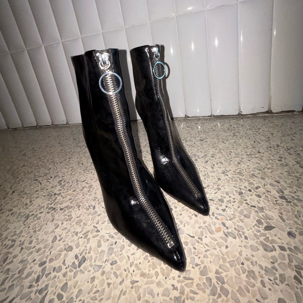 SCHUTZ Black Patent Ankle Boots with Silver Zipper
